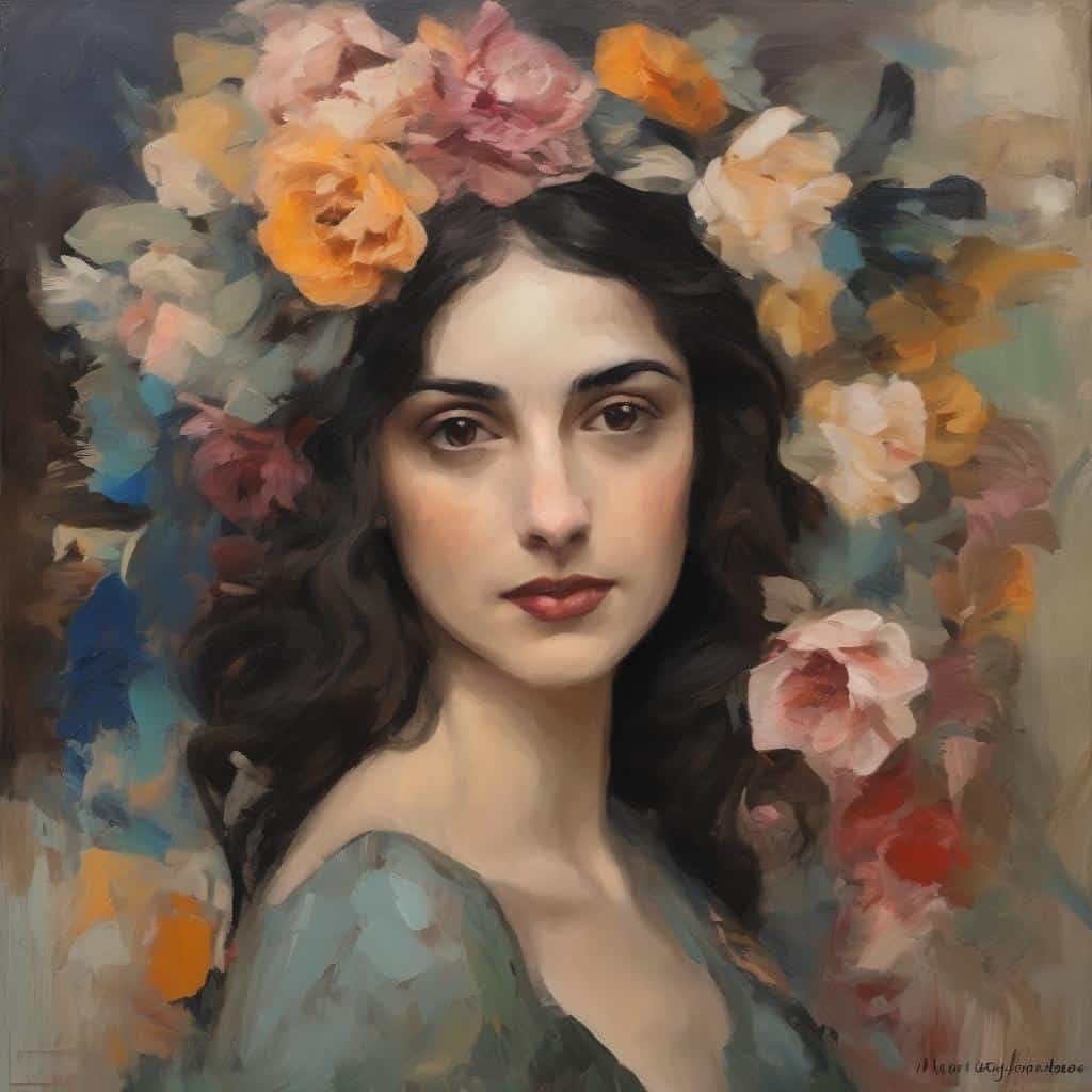 Αλτι κειμενο: Νεαρή γυναίκα με floral καπέλο και φυσική ομορφιά, σε σύγχρονη τέχνη και νέους δημιουργούς.