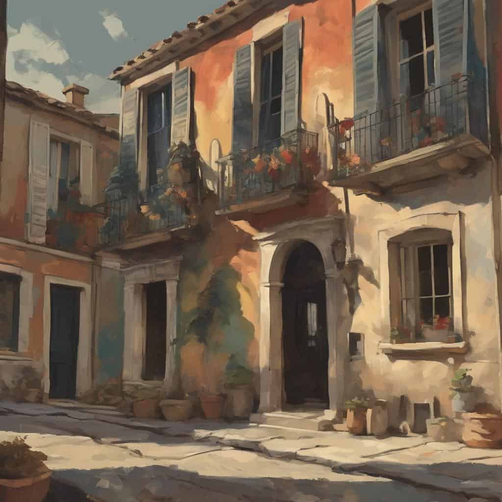 Οπίσθια όψη παραδοσιακής οικίας σε καλλιτεχνικό στυλ, με ανανεωμένη φροντίδα και χρώματα.