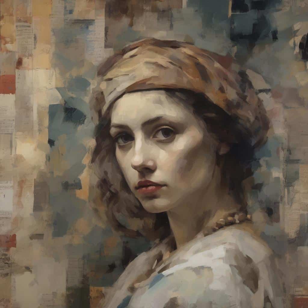 ΑALT: Πορτρέτο γυναίκας με καστανά μαλλιά και φάσα σε επικάλυψη, σε μοντέρνο στυλ τέχνης.