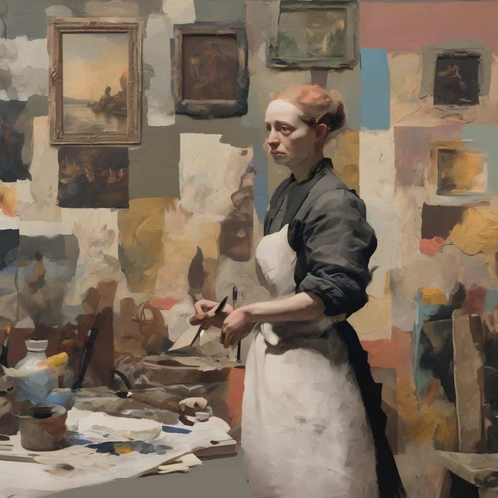 Φωτογραφία σύγχρονης καλλιτέχνιδος σε εργαστήριο τέχνης, εμπνευσμένη από νέα δημιουργικά ρεύματα και καλλιτεχνικές καινοτομίες.